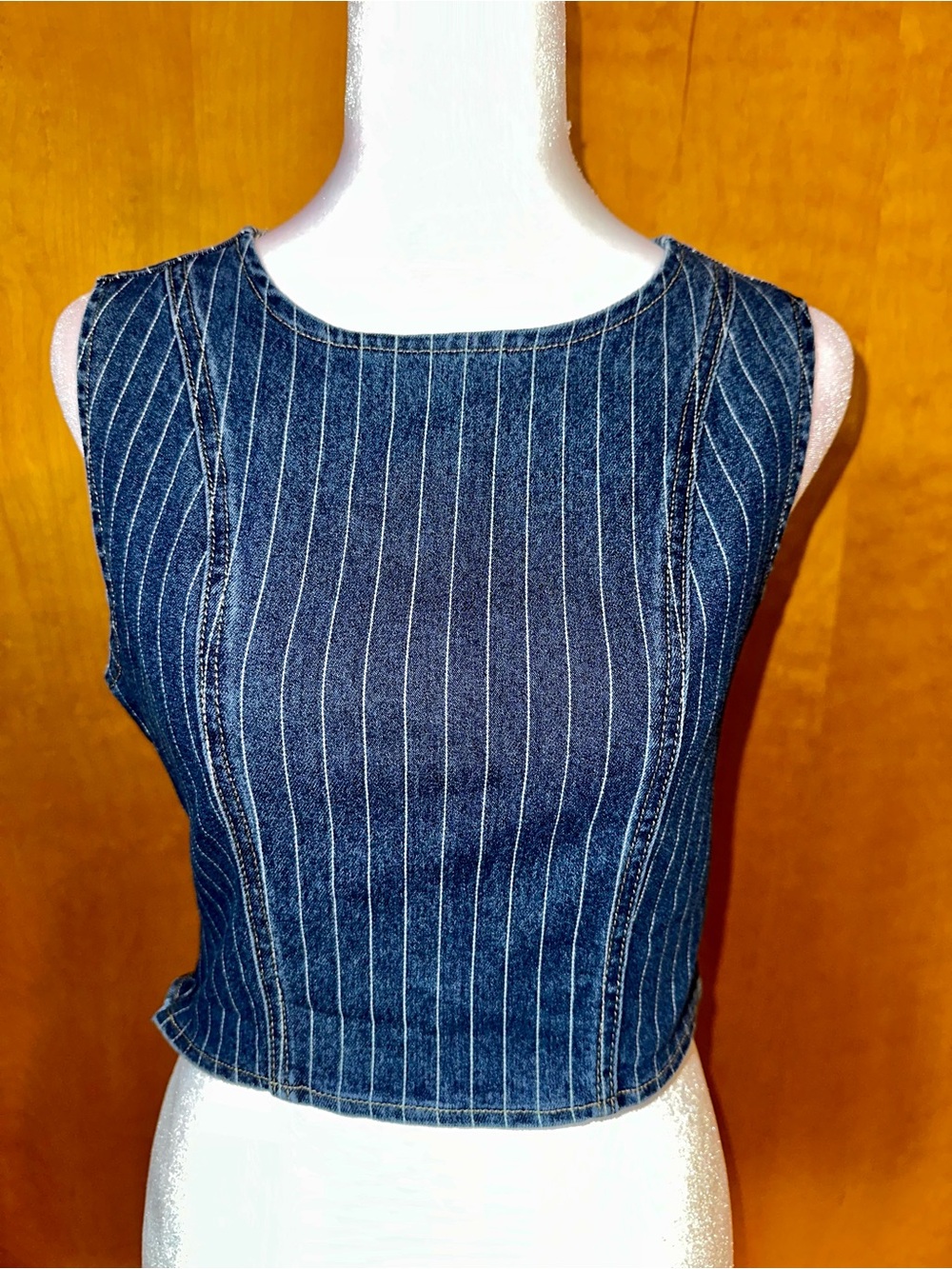 Sleeveless Pinstripe Denim Crop Top - Navy